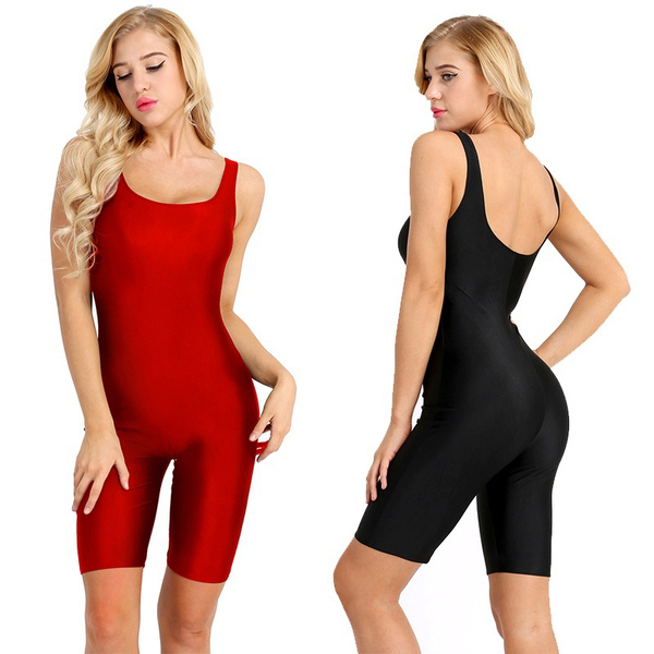Adult Womens Skinny Tank Biketard Boy Short Unitard Knee Length Active