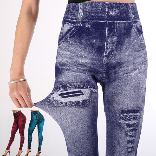 Women S Imitation Jeans Stretchable Slim Leggings Hips Tights Pencil Pants