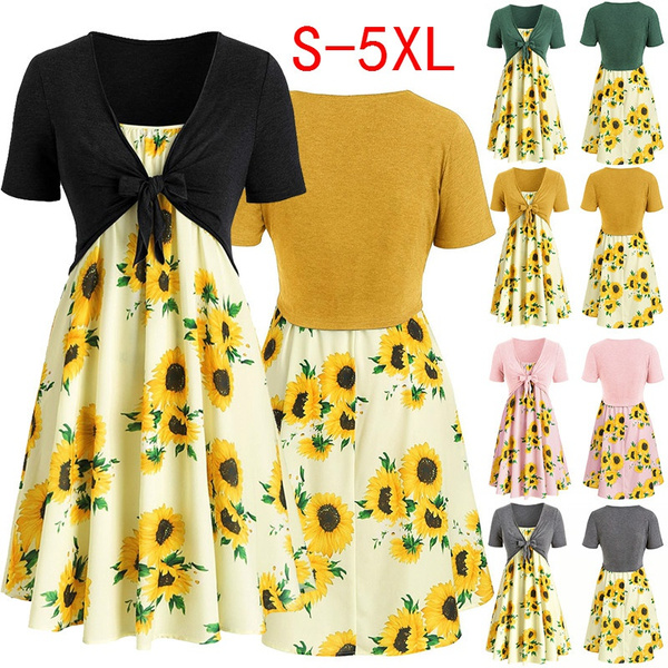 Summer Dresses for Women Fashion Women Solid Short Sleeve Top Sunflower Printed Camis Dress Suits 