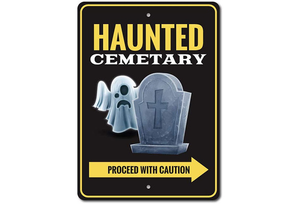 Proceed with Caution Haunted Cemetery Scary Holiday Metal Sign Halloween