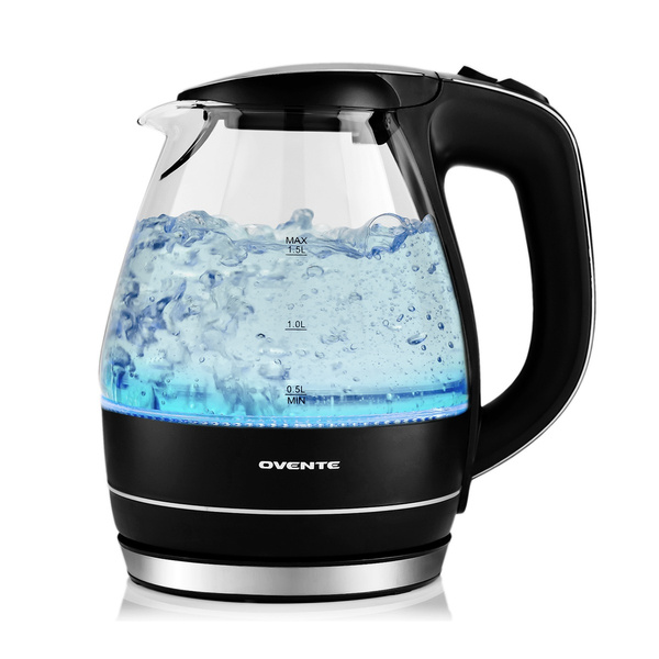 Ovente Portable Electric Glass Kettle 1.5 Liter with Blue LED Light and  Stainless Steel Base, Fast Heating Countertop Tea Maker Hot Water Boiler  with Auto Shut-Off & Boil Dry Protection KG83 Series