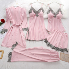 gowns, pjsetwithrobe, Spring, V-neck