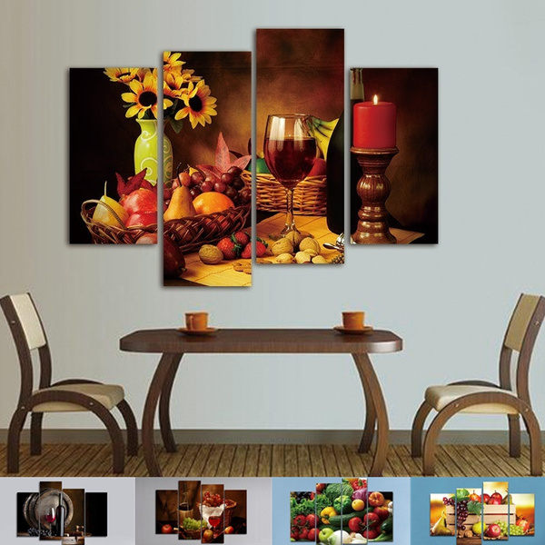 Modern Home Canvas Wall Decor Art Painting Picture Fruits Print Red Wine 4 Pcs