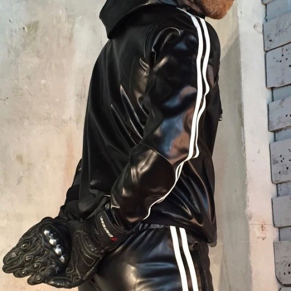 Men's PU leather hoodie suit casual sportswear hooded jogging suit sportswear