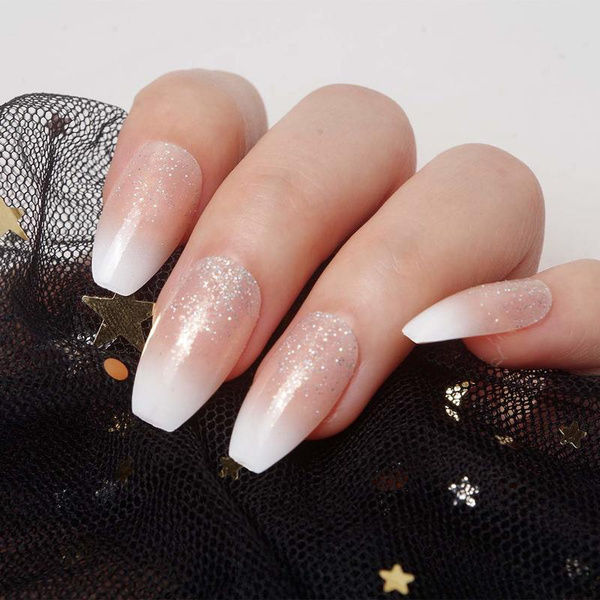 Så mange excentrisk bag 24pcs/box Holographic Silver Glitter Acrylic Nails Ombre French Fake Nails  Coffin Shape Nude Pre-designed Nail Art Tips | Wish