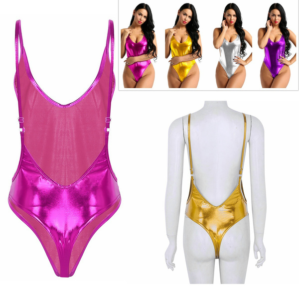 Ladies Sexy Backless Strap Thong Leotard Shiny Metallic Patent Leather High  Cut Bodysuit