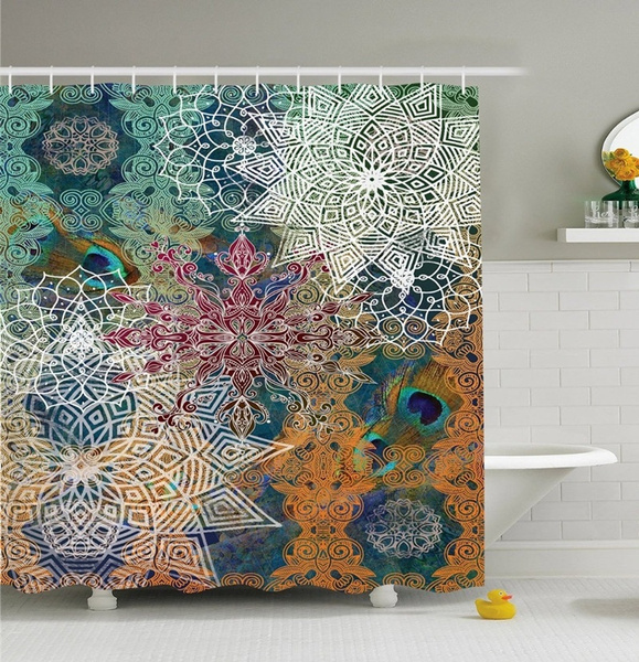 Boho Yoga Dceorations Collection Natural Pea Feather Indian Batik Hippie Mandala Medallion Polyester Fabric Bathroom Shower Curtain Set With Hooks Teal Orange Turquoise Mustard White Wish Boho Yoga Dceorations Collection, Turquoise Feather Shower Curtains