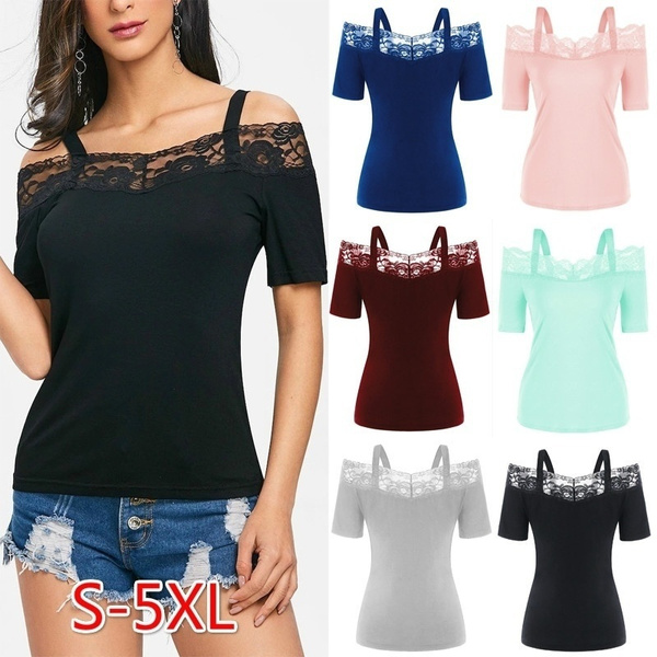 Womens Off Shoulder Short Sleeve Lace Tops Summer Solid Color Plus Size Blouse Shirt 