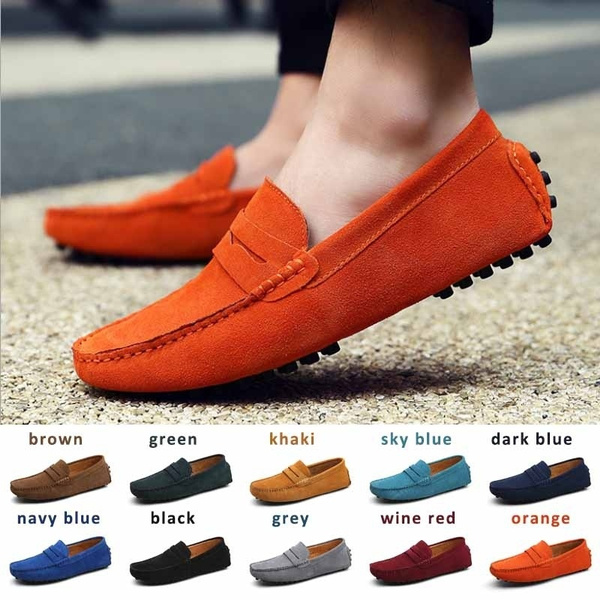 Leather Moccasin Sneakers Flats, Mens Orange Leather Shoes