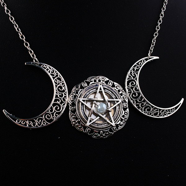 Goddess Pagan Jewelry Choker Triple Moon Necklace Pentagram Pendant Pentacle 