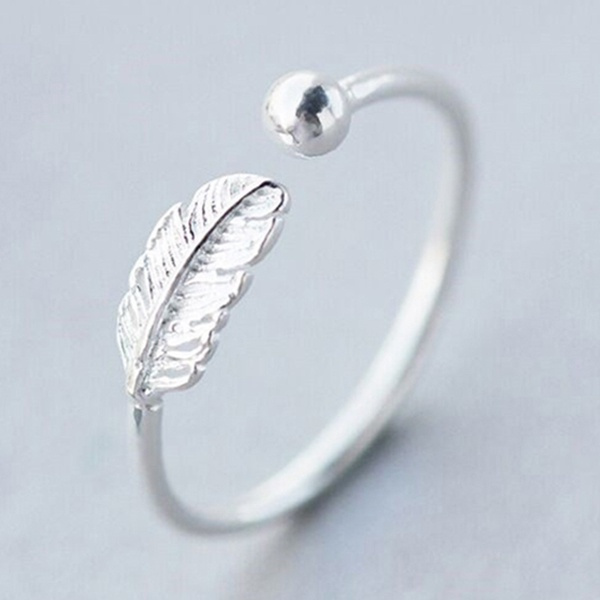 Qiandi 925 Sterling Silver Leaf Bird Feather Open Adjust Ring Christmas Charm Gift Women Girls 