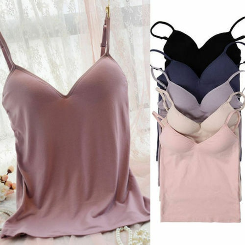 Womens Padded Bra Spaghetti Strap V Neck Vest Cami Tank Tops Shirt Blouse