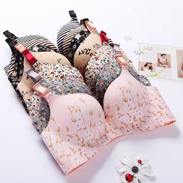 Women's Flower Print Seamless Bra Lingerie Floral Push Up Bras One-Piece  Underwear