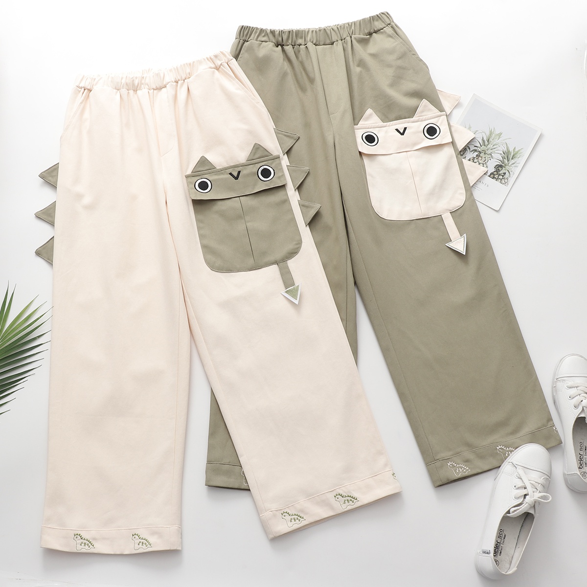 Corduroy Pants Women Spring 2021 Kawaii Pants High Waist Trousers Teen Girls  Embroidered Cute Cartoon Wide Leg Pants 