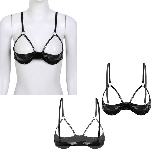 US Womens PVC Leather 1/4 Cups Bra Tops Open Cup Push Up Underwired  Brassiere