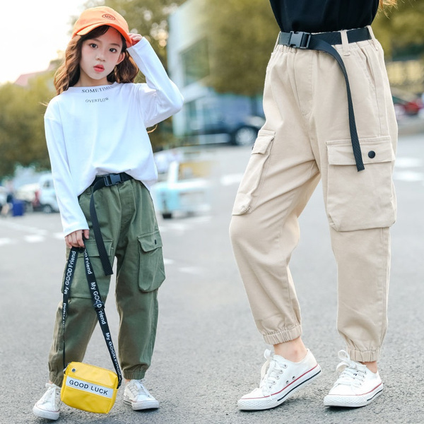 High Waist Cargo Pants For Kids Girls Pure Color Cool Trousers