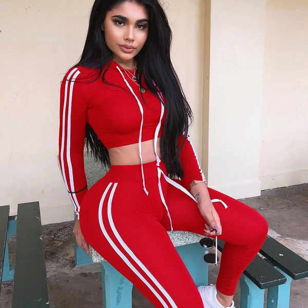 Fitness Casual 2 Piece Set Tracksuit Women Side Striped Hoodies Cropped Tops And Pants Jogger