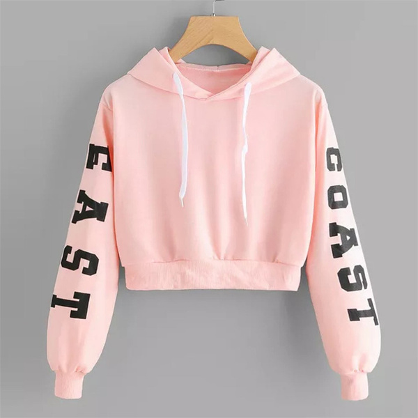 Korean Letters Printed Hoodie Crop Top Long Sleeve Hooded