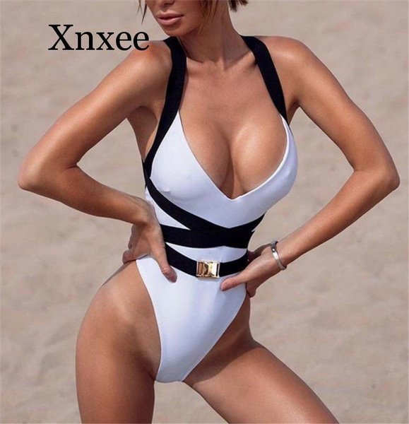 Women's One Piece Bikini Push Up Bra Swimsuit Swimwear Bathing Suit Tight  Belt White One-Piece Deep V Beachwear