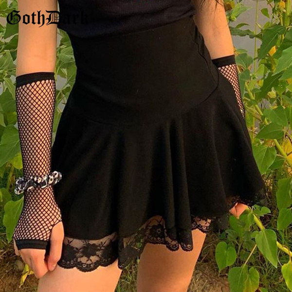 Goth Dark Gothic Lace Patchwork Hem Mini Skirts Black Pleated High Waist  A-Line Women Skirt Autumn Fashion Streetwear Outfits