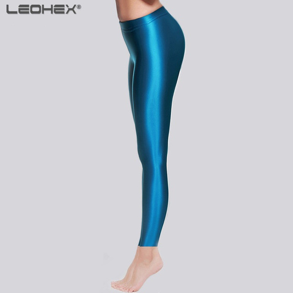 Satin Turquoise Shiny Spandex Leggings High Waisted Pants Nylon Yoga Pants Teal 