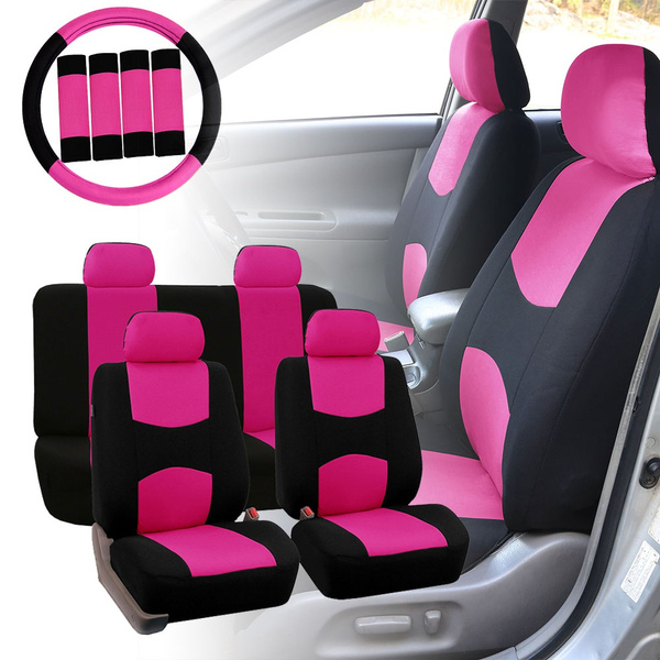 FH Group Brown Black Leatherette Front Bucket Seat Cushion Covers for Auto  Car SUV Truck Van with Hot Pink Dash Mat 