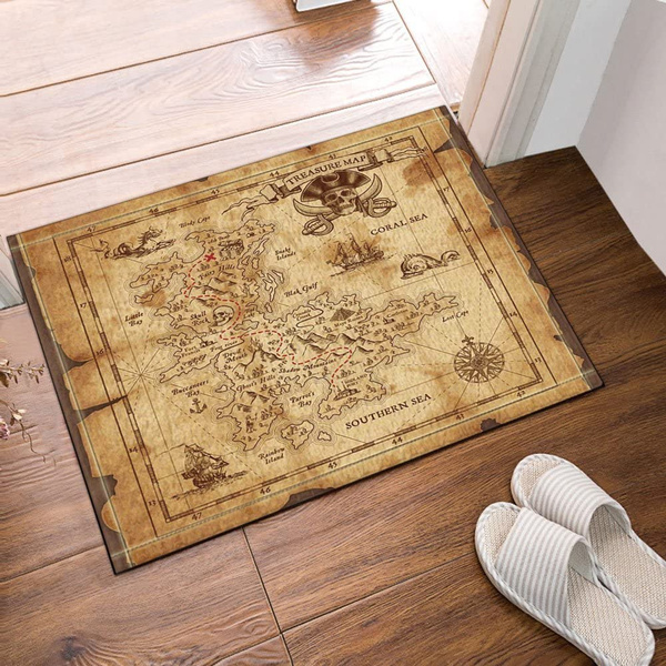 Old Map Pirate Ship in Vintage Bath Rugs, Non-Slip Floor Entryways