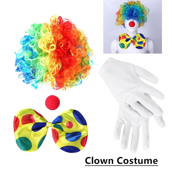 Funny Clown Wig with Bow Tie Gloves Red Nose Accessories Set Halloween