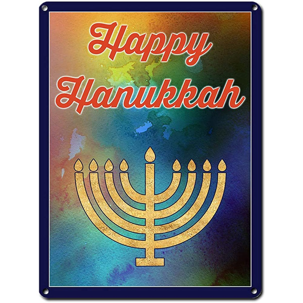 Happy Hanukkah and Menorah, 9 x 12 Inch Metal Sign, Jewish and Hebrew