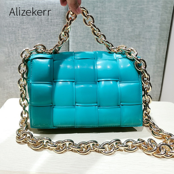 Thick Metal Chain Shoulder Bag Women Designer Woven Soft Square Crossbody Bags  Female Fashion Personality Purse High Quality