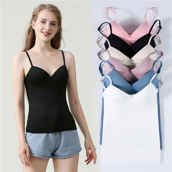 Padded Bra Tank Top Women Spaghetti Solid Camis Tops Casual Summer
