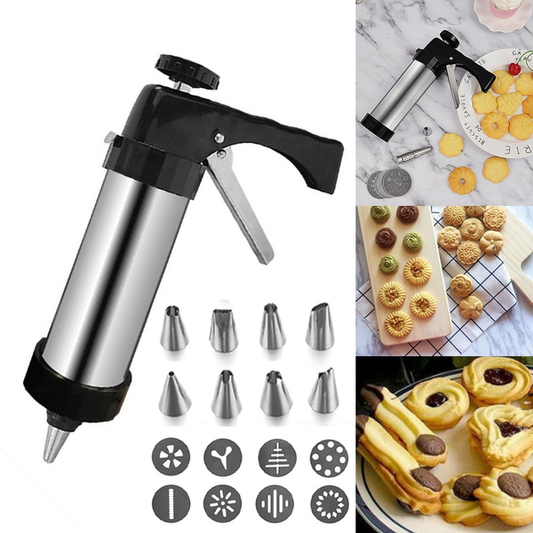 Cookie Press Maker Kit for DIY Biscuit Maker and Decoration with 8  Stainless Steel Cookie discs and 8 nozzles (Stainless Steel)