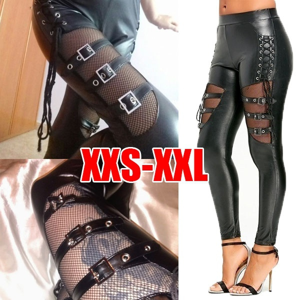 Women's Fashion PU Leather Leggings Samp Tight Goth Fishnet Lace Up Hollow  Out Punk Gothic Elastic Tight Pencil Pants
