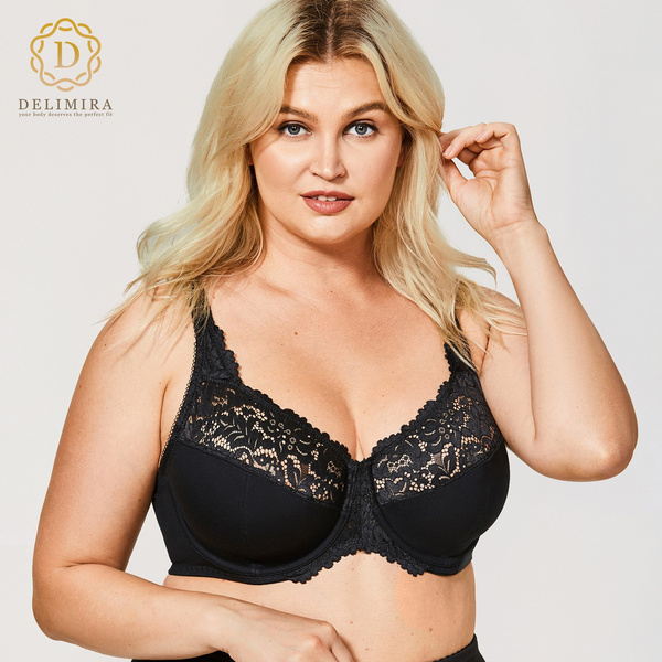 DELIMIRA Women's Minimizer Bra Plus Size Lace Floral Full Coverage Sexy See  Through Underwire Unlined Mesh Transparent DD E F G