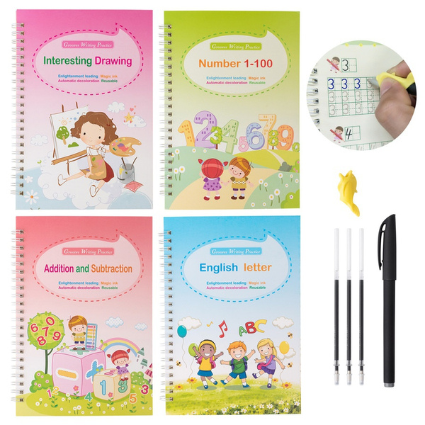4 Books Reusable Magic Copybooks for Kids Handwriting Workbooks for  Preschools Grooves Template Design Aid Practice