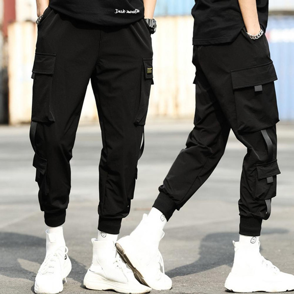 Men s Casual Elastic Waistband Ankle Tied Pockets Cargo Pants