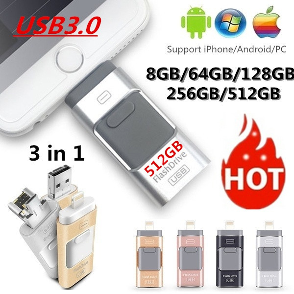 512GB 3 in 1 Metal USB Flash i-Drive Memory Stick for iPhone/Android/PC OTG 