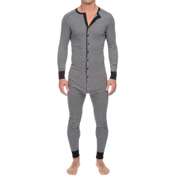 Men s Underwear Pajama Skinny Striped Jumpsuit Long Sleeve O Neck