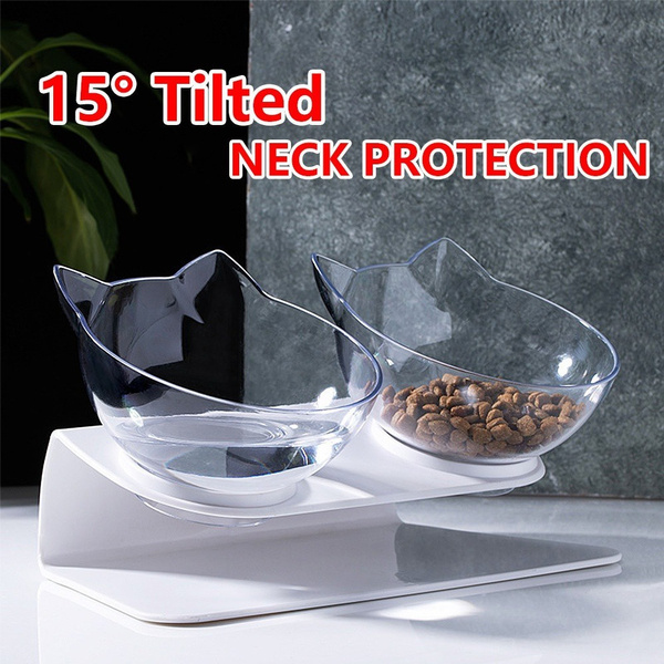 Double Cat Bowls Tilted Raised Cats Bowl with Stand, Transparent Plastic Cat Bowl for Cats Small