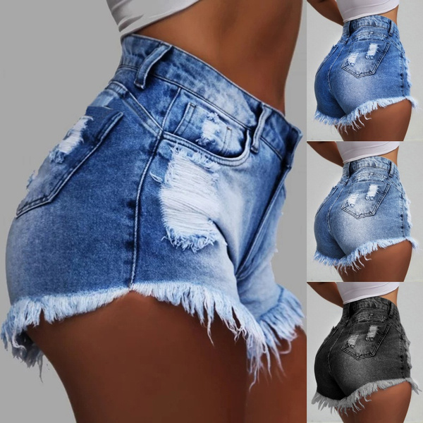 Women Summer Fashion Solid Color Denim Shorts Casual High Waist Skinny  Leggings Slim Fit Hot Ripped Hole Short Pants Strench Washed Jean Shorts