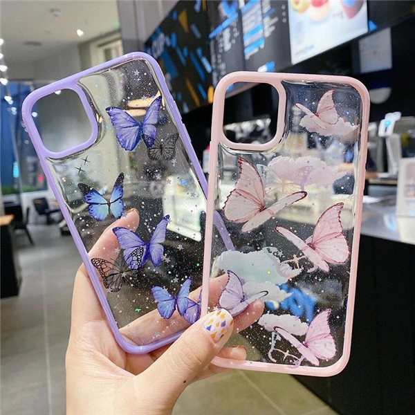 Cute Pretty Butterfly Print Glitter Shiny Soft Tpu Silicone Clear Cover Bling Star Girls Women Case For Iphone 12 12 Pro 12 Mini 12 11 Pro Max 6 7 8 Plus Xs Xr Xs Max Wish
