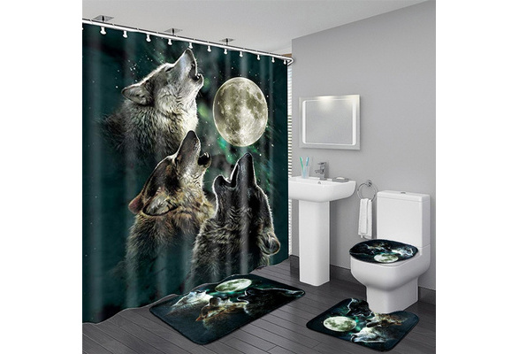 4PCS Cool Wolf Shower Curtain Set Deep Eyed Wolf Contemporary Bathroom  Decor Sets with Rugs Bathroom Accessories Set Bathroom Curtain Shower Set  with