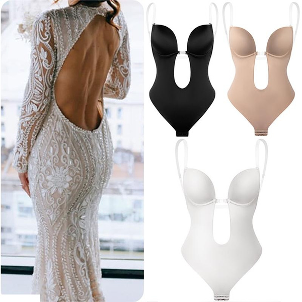 Women Plunging Deep V Neck Slimming Bodysuits Strapless Backless Shapewear  Full Body Shaper Invisible Underwear for Wedding Dress