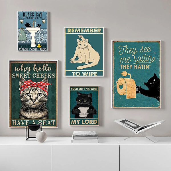 Black Cat and Sink CO Wash Your Paws Poster, Bathroom Decor, Wall Art Decor,  Black Cat Poster, Funny Bathroom Poster No Frame Canvas 