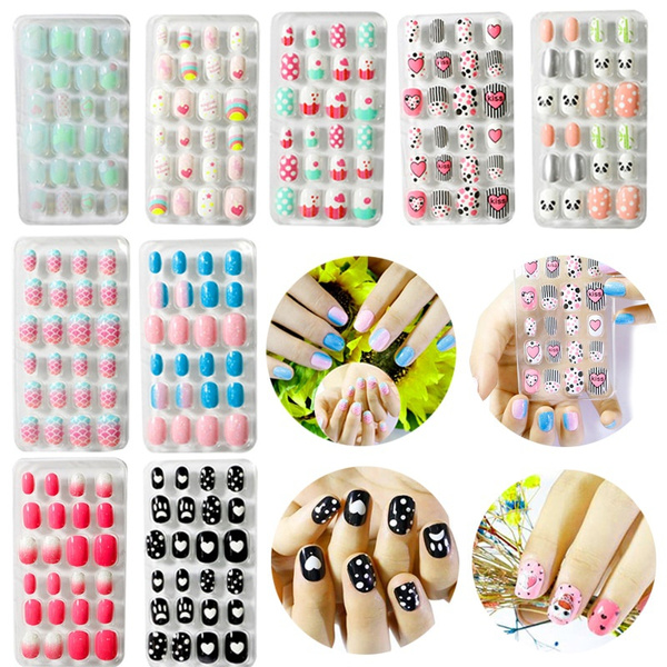 9 Styles Kids Fake Nail Tips Cartoon Full Cover Nail Stickers Manicure ...