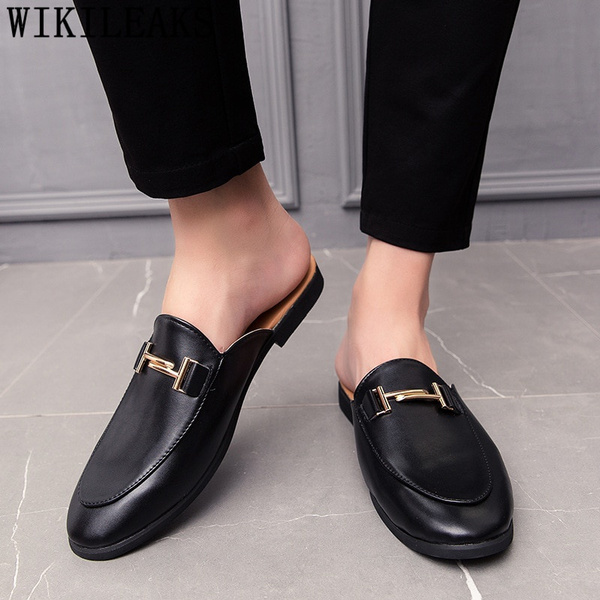 Black Half Shoes For Men Leather Mules Casual Fashion Sapato