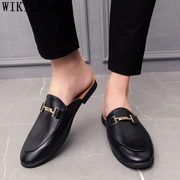 Black Half Shoes For Men Leather Mules Casual Fashion Sapato Social  Mocassin Chaussure