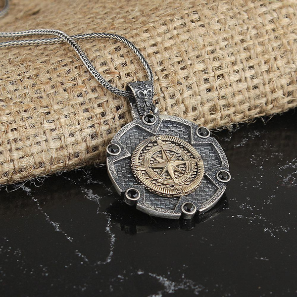 925 Sterling Silver Compass Necklace for Mens with Thick Chain