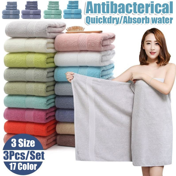 3PCS Towel Set Solid Color Cotton Large Thick Bath Towel Bathroom