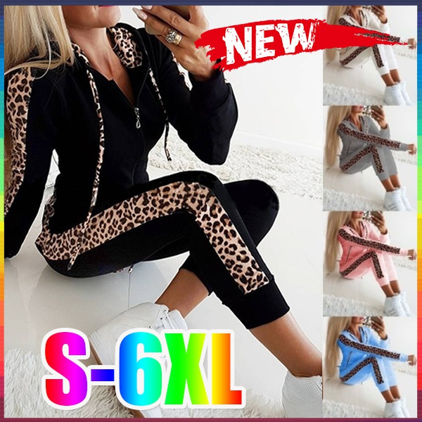 2022 Women Fashion Leopard Printed Two Pieces Sports Suits